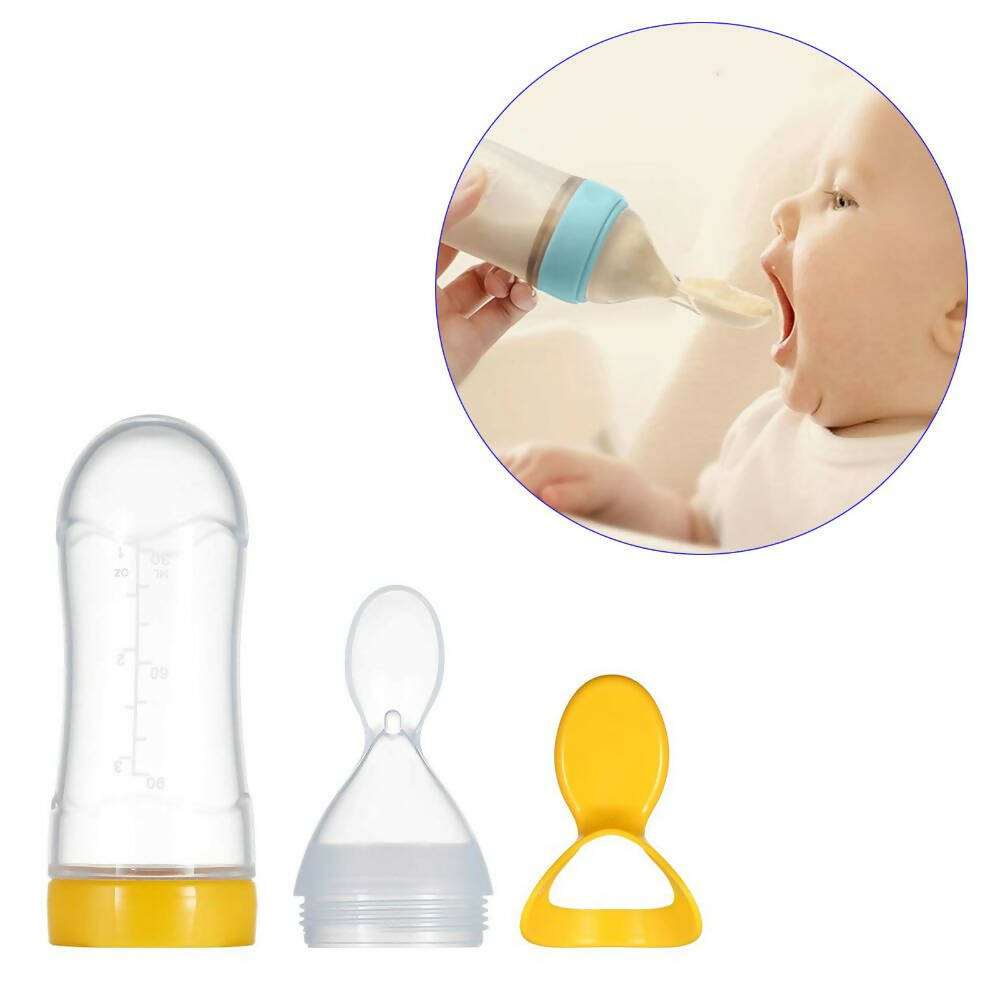 Safe-O-Kid Easy Set of 2 Squeezy Silicone Food Feeder Spoon (Soft Tip) Bottle- Yellow- 90mL | Grab2Buy