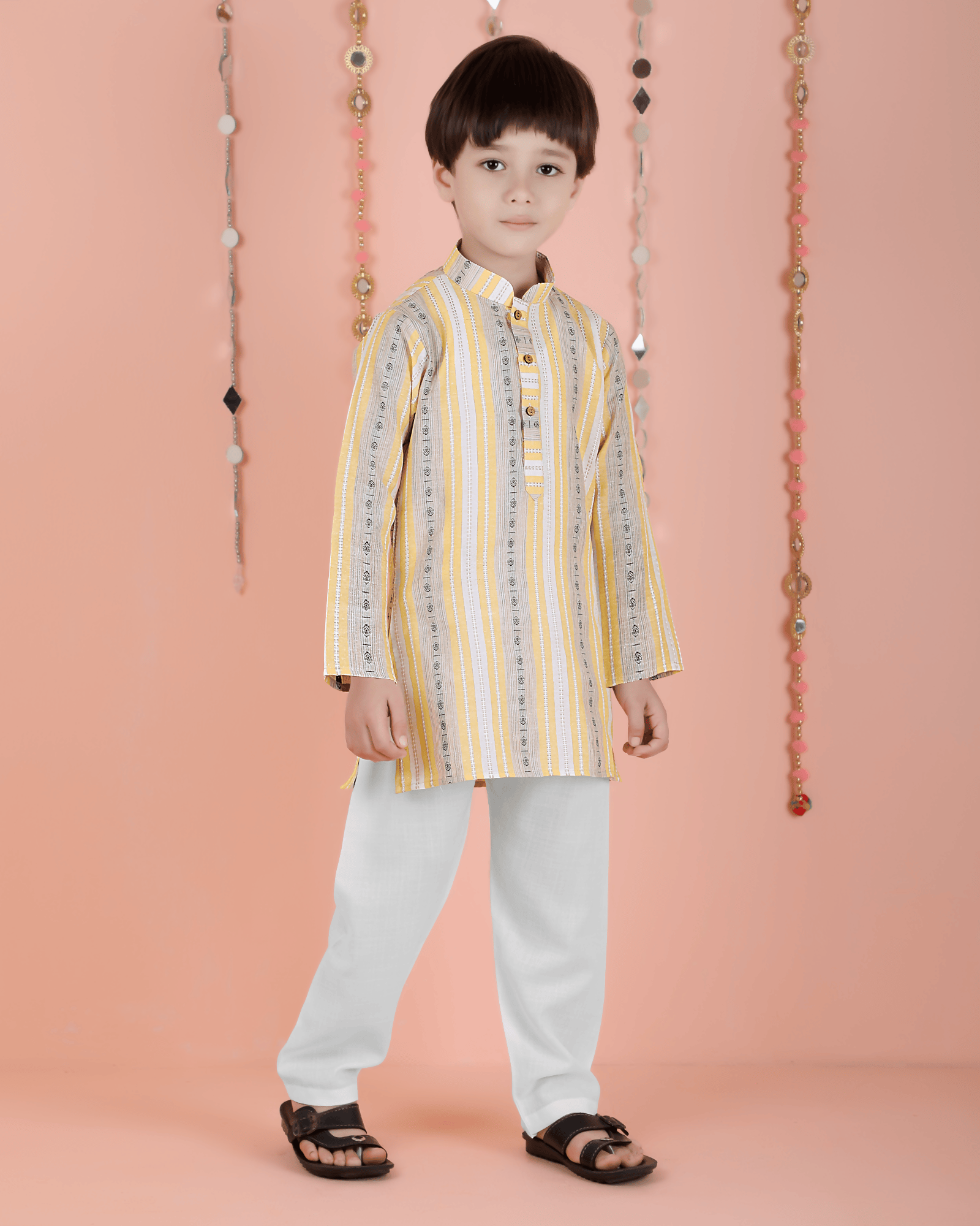 Joban Fashion Kids Island Cotton Full Sleeves Striped Kurta and Pyjama- Yellow | Grab2Buy