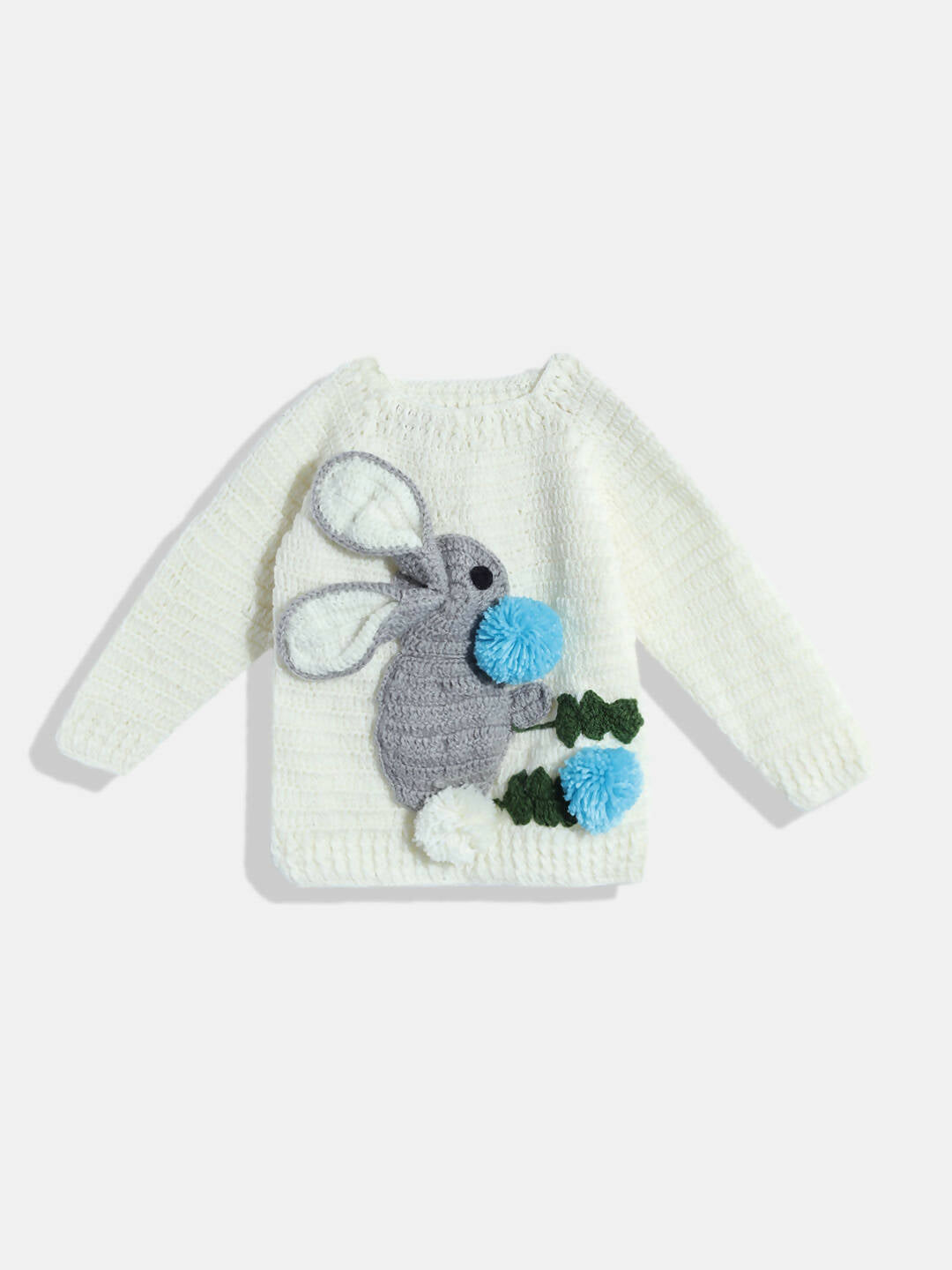 Chutput Kids Woollen Hand Knitted Full Sleeves Bunny Detail Cardigan For Baby Boys - Cream | Grab2Buy
