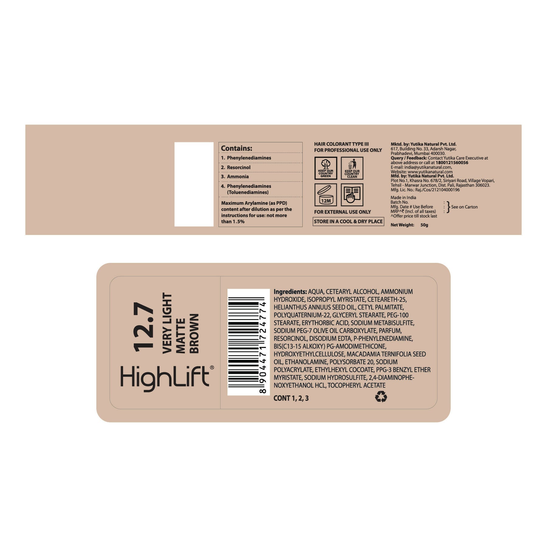 Yuthika Professional High lift Creme Hair Colour 12.7 Very Light Matte Brown | Grab2Buy