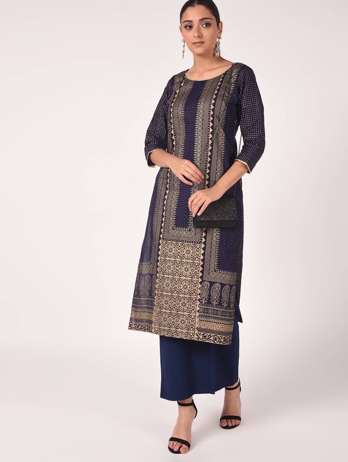 Cheera Hand Block Print Navy Color Straight Kurta | Grab2Buy