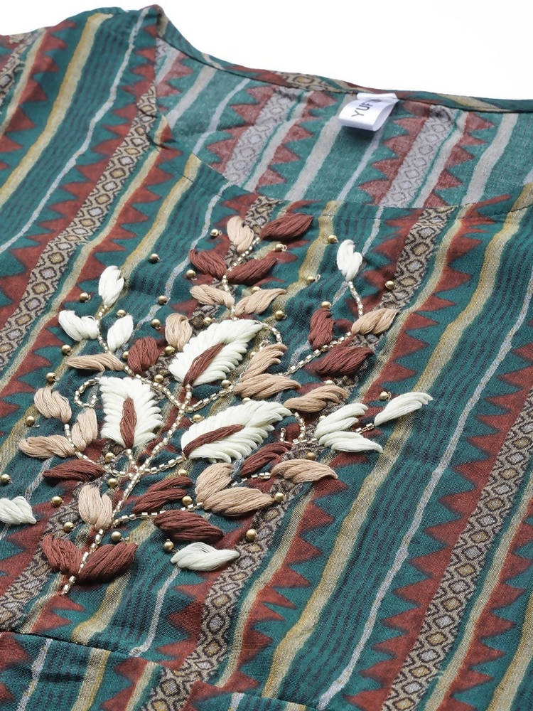 Yufta Teal Green & Coffee Brown Striped Yoke Embroidered Midi A-Line Dress & Ethnic Jacket | Grab2Buy