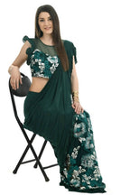 Mominos Fashion All Season Wear Bottle Green & White Thread Embroidered Ruffled Ready To Wear Saree | Grab2Buy