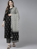 Yufta Women Black Ikat Printed Pure Cotton Kurta with Palazzo and Dupatta | Grab2Buy