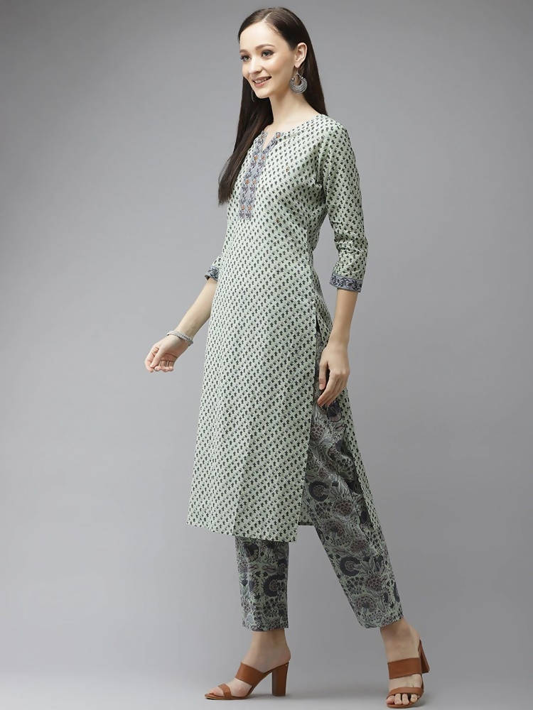 Yufta Green and off-white yoke design Kurta with Palazzo with Dupatta Set | Grab2Buy