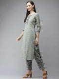 Yufta Green and off-white yoke design Kurta with Palazzo with Dupatta Set | Grab2Buy