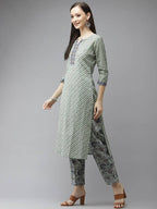 Yufta Green and off-white yoke design Kurta with Palazzo with Dupatta Set | Grab2Buy