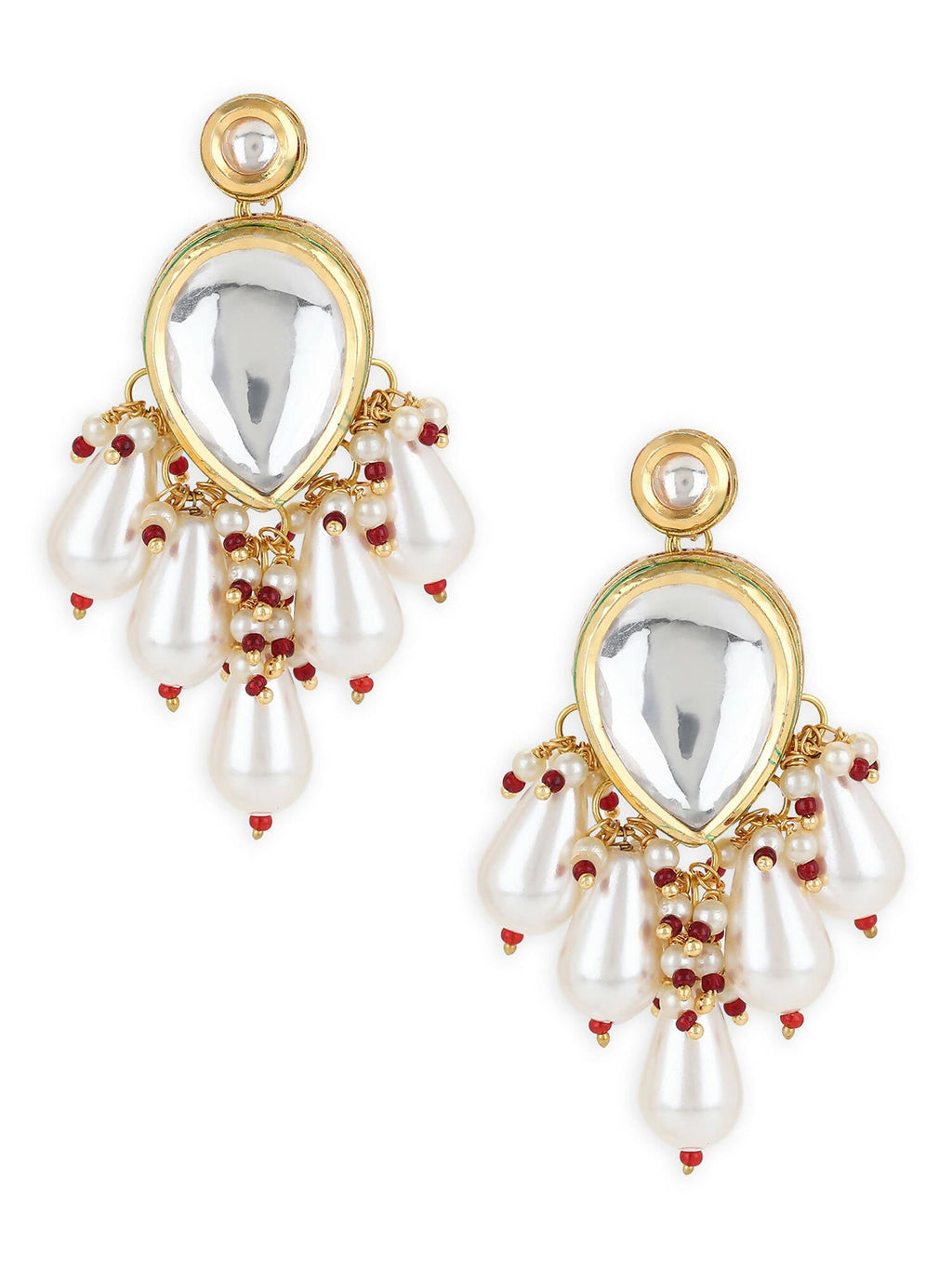 Gold-Toned White Kundan Contemporary Gold-Polished Drop Earrings - Ruby Raang | Grab2Buy