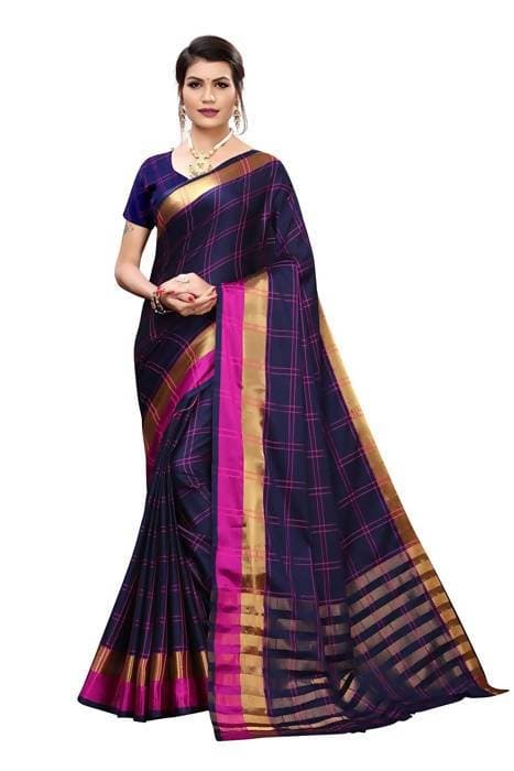 Vamika Navy Cotton Silk Weaving Saree (Rimi Checks Navy) | Grab2Buy