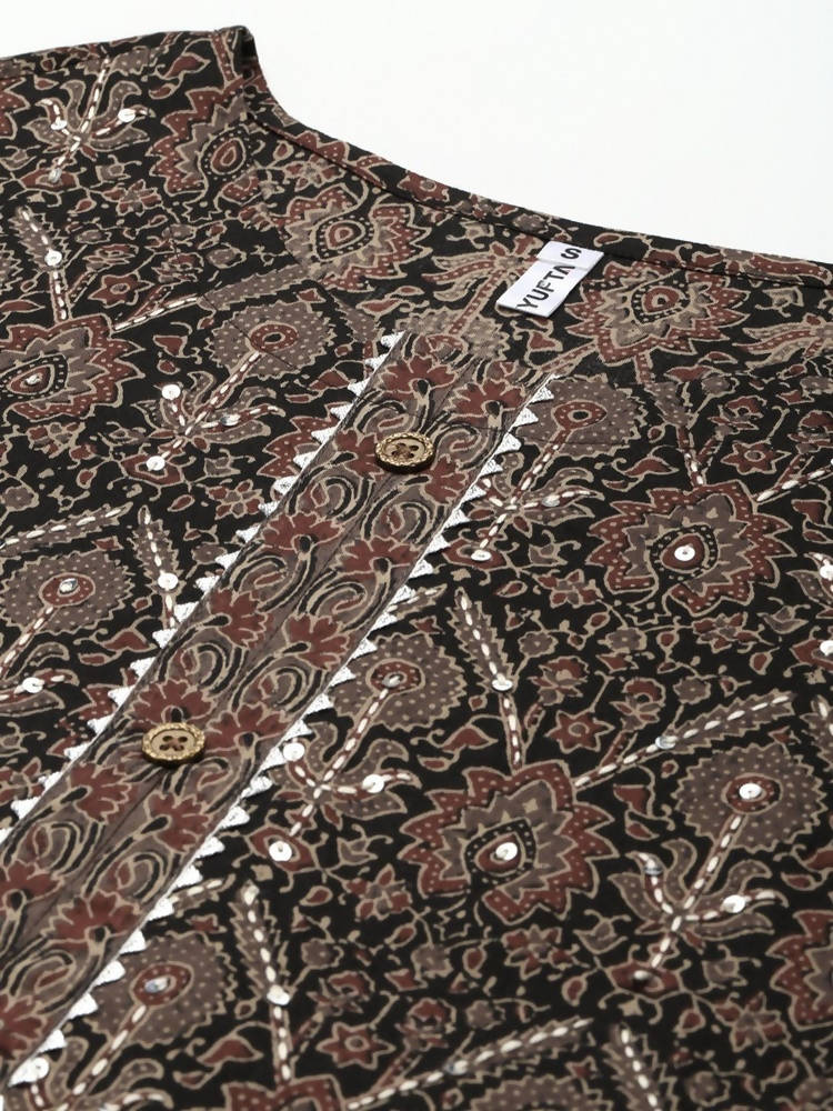 Yufta Women Black Ethnic Motifs Printed Pure Cotton Kurta with Trouser and Dupatta | Grab2Buy