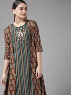 Yufta Teal Green & Coffee Brown Striped Yoke Embroidered Midi A-Line Dress & Ethnic Jacket | Grab2Buy