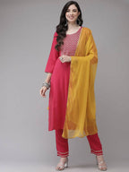 Yufta Women Pink Solid Kurta with Trouser & With Dupatta | Grab2Buy