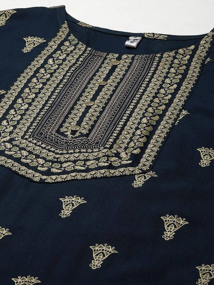 Yufta Women Blue and Green Embroidered Kurta with Trouser and Dupatta Set | Grab2Buy