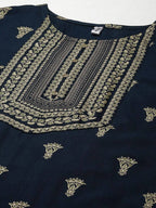 Yufta Women Blue and Green Embroidered Kurta with Trouser and Dupatta Set | Grab2Buy