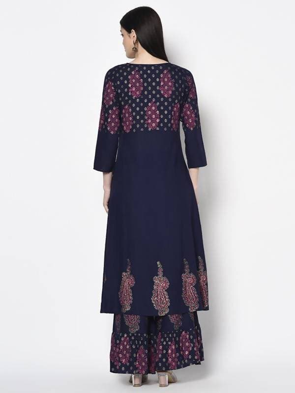 Aniyah Rayon Navy Blue Color Block Print A-line Flared Long Kurta With Two Front Slits (AN-215K) | Grab2Buy