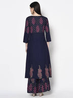 Aniyah Rayon Navy Blue Color Block Print A-line Flared Long Kurta With Two Front Slits (AN-215K) | Grab2Buy