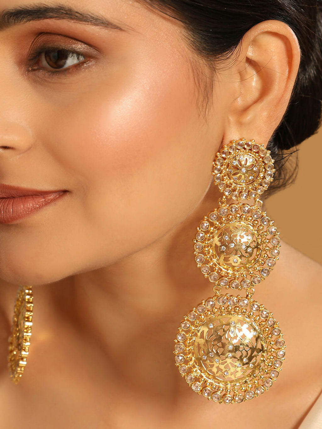 Nuyug 22K Gold Plated Stone Studded Contemporary Shaped Drop Earrings | Grab2Buy