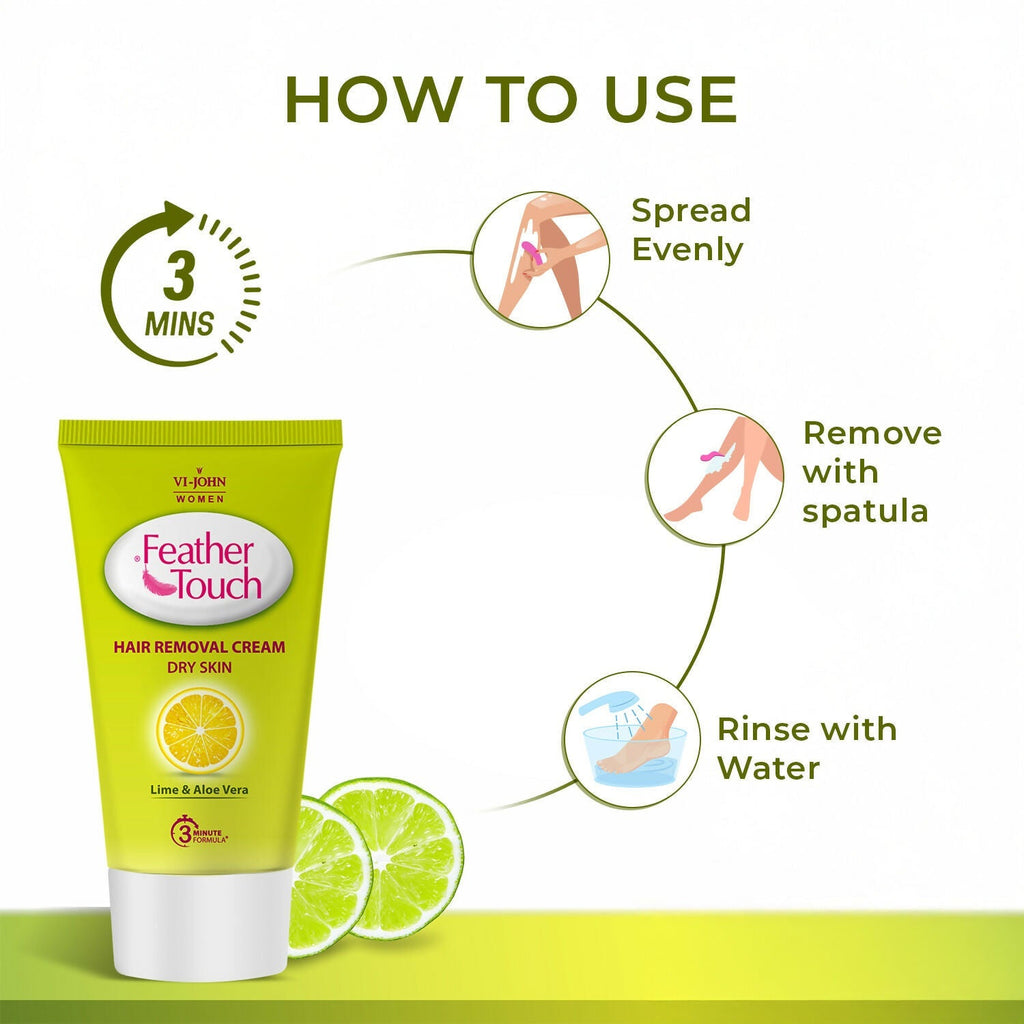 VI-JOHN Feather Touch Lime & Aloevera Hair Removal Cream for Women for Dry Skin, Suitable for Legs, Underarms, Bikini Line, Arms