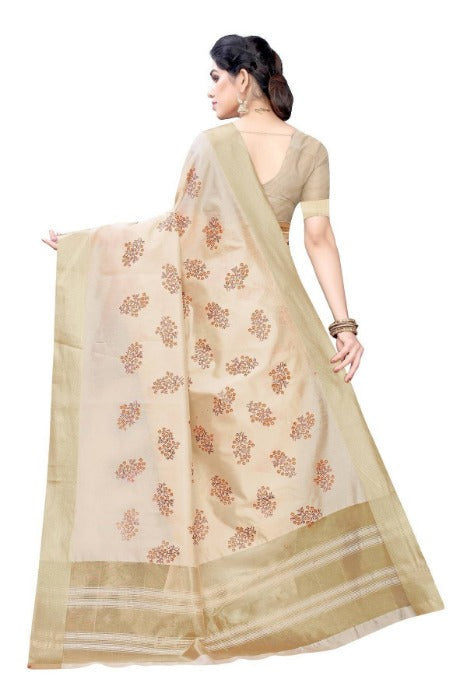 Vamika Cotton Polyester Silk Weaving Cream Saree (Kerala Flower) | Grab2Buy
