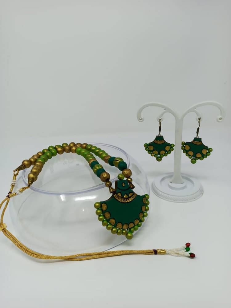 Terracotta Green Long Necklace Set with Matching Earrings | Grab2Buy