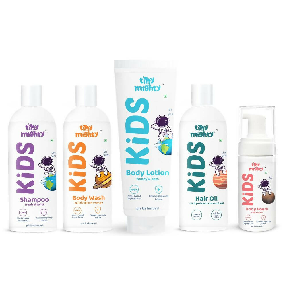 Tiny Mighty Kids Body Wash, Body Foam Wash, Body Lotion, Shampoo & Hair Oil Combo | Grab2Buy