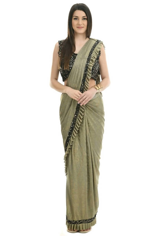 Mominos Fashion All Season Wear Olive Green And Black Ruffled With Blouse Ready To Wear Saree | Grab2Buy