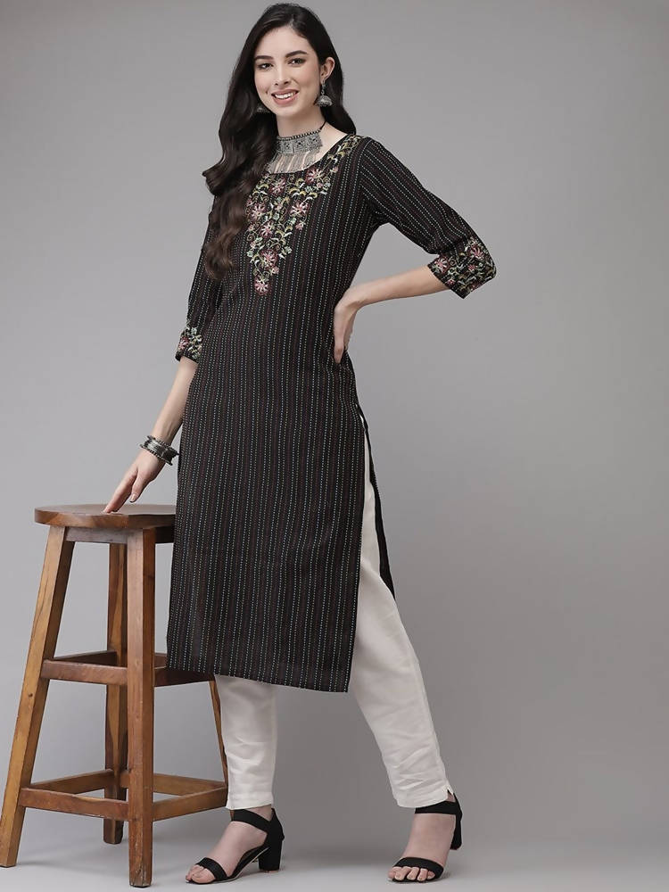 Yufta Women Black Yoke Design Kantha Work Floral Kurta | Grab2Buy