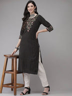 Yufta Women Black Yoke Design Kantha Work Floral Kurta | Grab2Buy