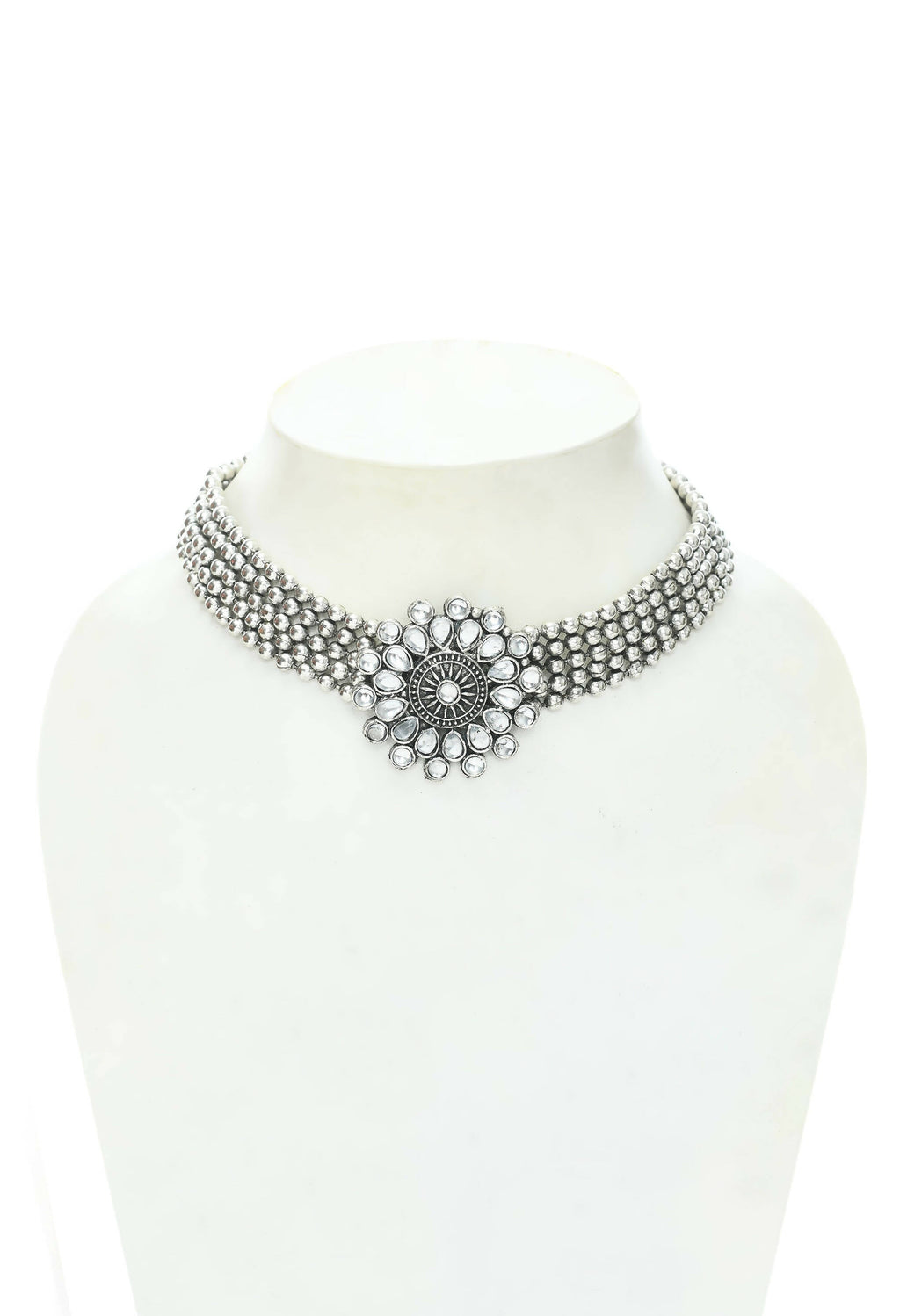 Mominos Fashion Johar Kamal Oxidised Silver-Plated Brass Finish Kundan Choker For Women (Silver) | Grab2Buy