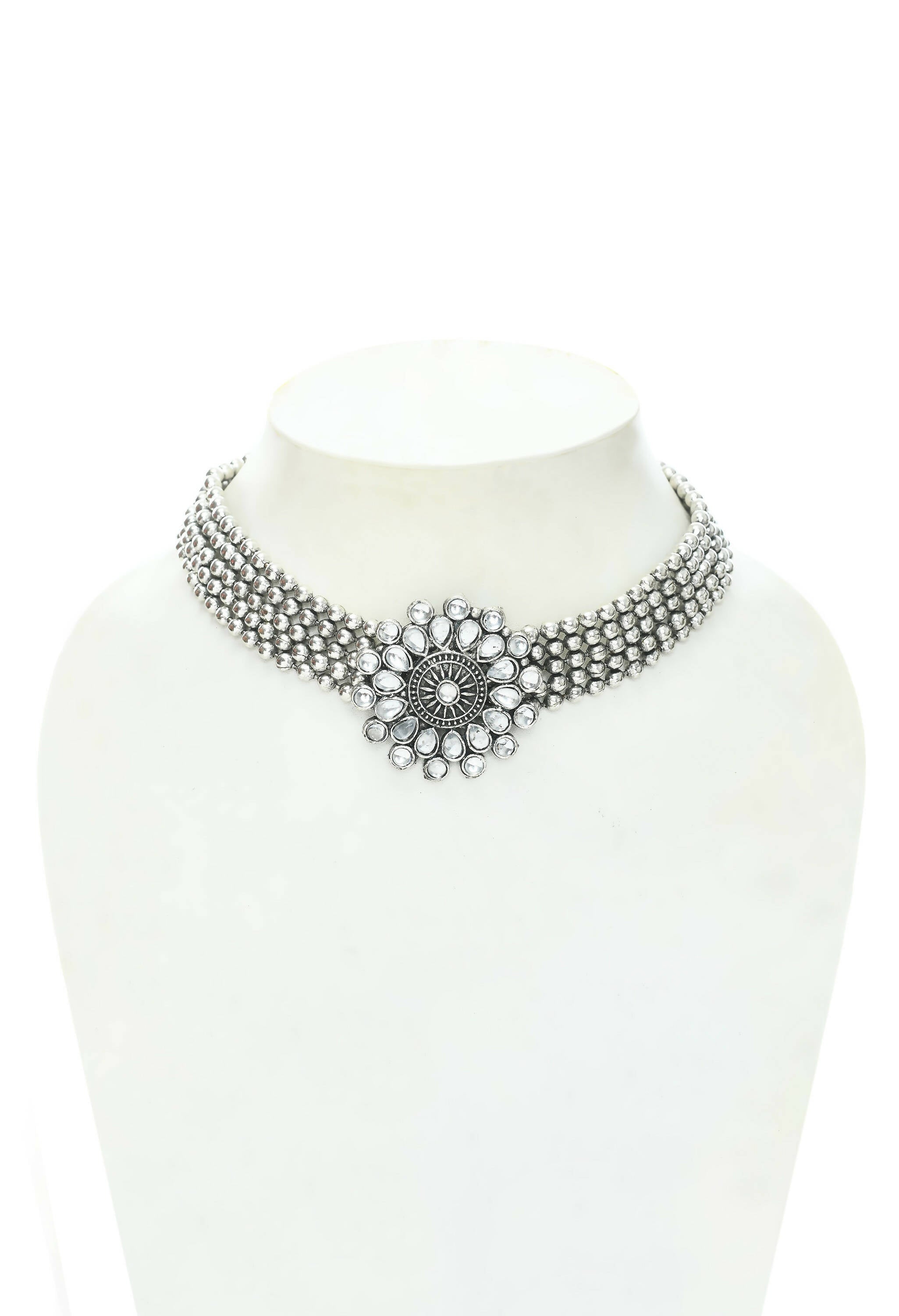 Mominos Fashion Johar Kamal Oxidised Silver-Plated Brass Finish Kundan Choker For Women (Silver) | Grab2Buy