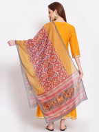 Myshka Women's Yellow Printed Silk Blend 3/4 Sleeve V Neck Casual Kurta Dupatta Set | Grab2Buy