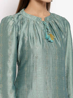 Myshka Women's Green Silk Solid Full Sleeve Round Neck Casual Kurta | Grab2Buy