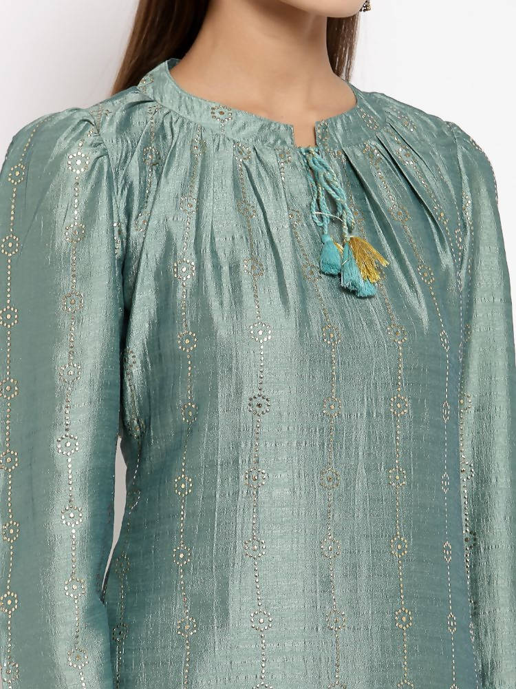 Myshka Women's Green Silk Solid Full Sleeve Round Neck Casual Kurta | Grab2Buy