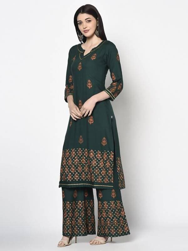 Aniyah Rayon Bottle Green Block Print Straight Kurta (AN-218K) | Grab2Buy