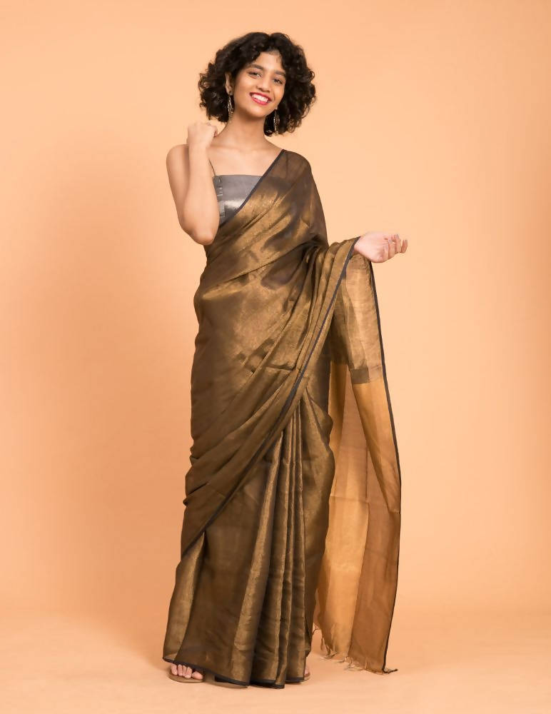 Suta Black Gold Woven Design Zari Pure Linen Saree | Grab2Buy