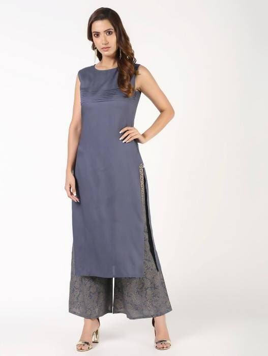 Aniyah Rayon Solid Pintucks Grey Kurta With Gold Print Palazzo Set (AN-153K) | Grab2Buy
