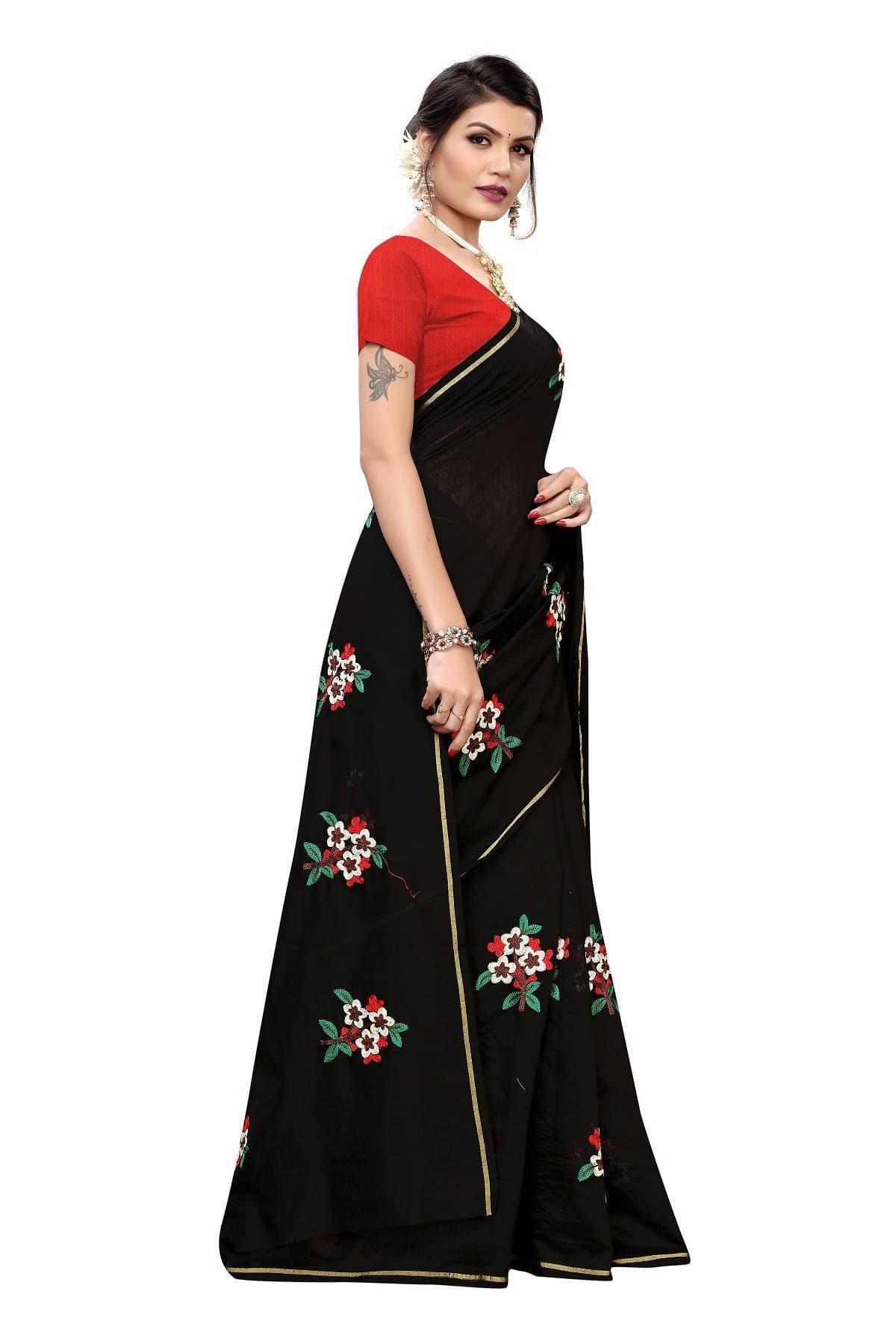 Vamika Black Chanderi Cotton Embroidery Floral Saree | Grab2Buy