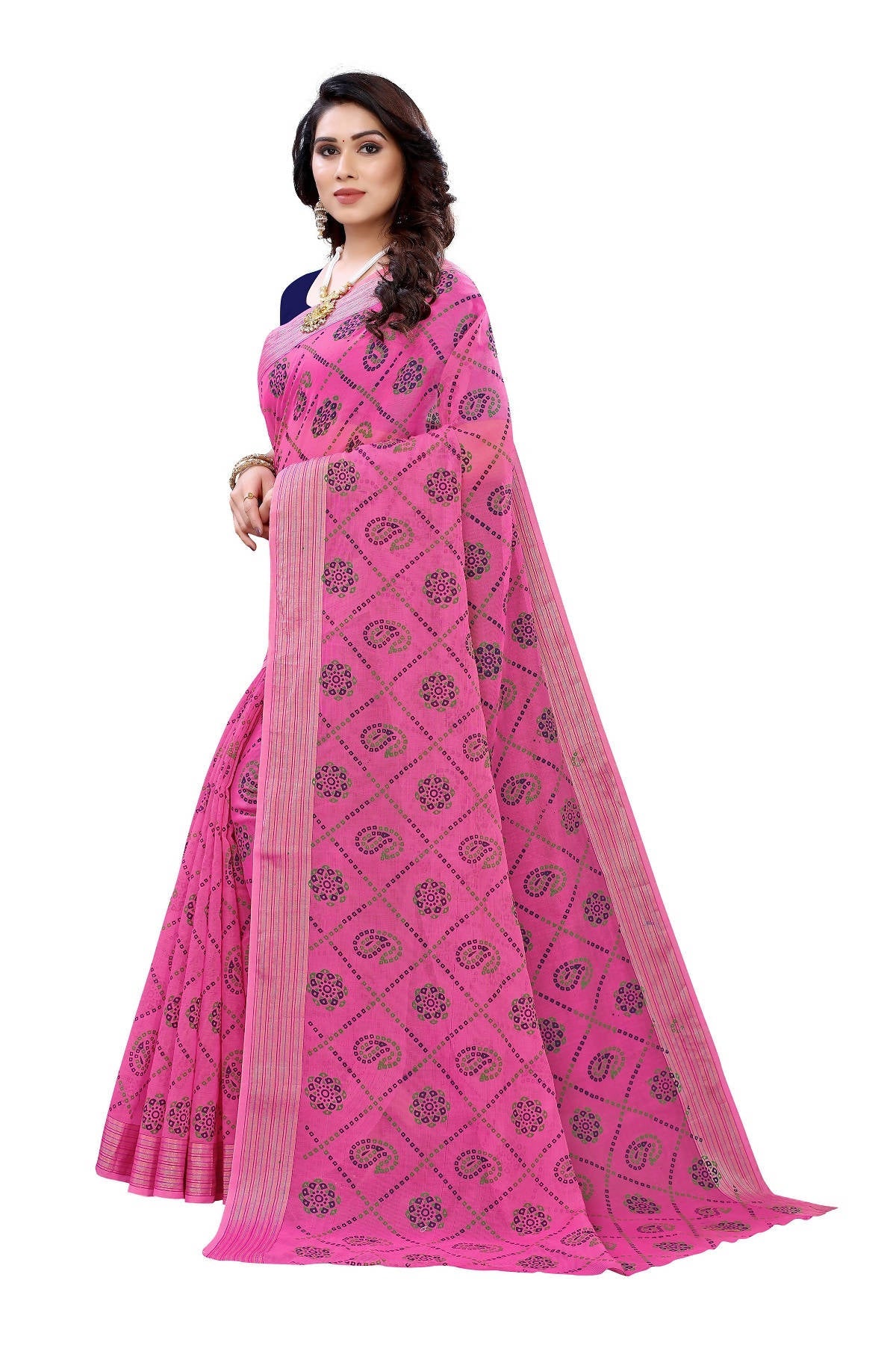 Vamika Pink and Blue Linen Jari Border Saree (CHARVI PINK) | Grab2Buy