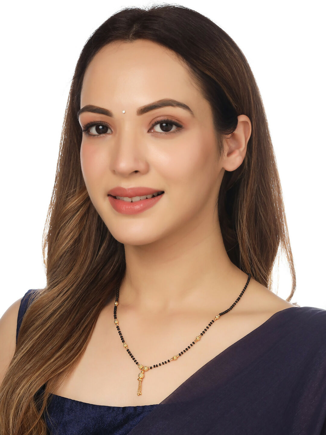 NVR Women's Set of 3 Gold-Polished CZ Stone-Studded & Beaded Mangalsutra