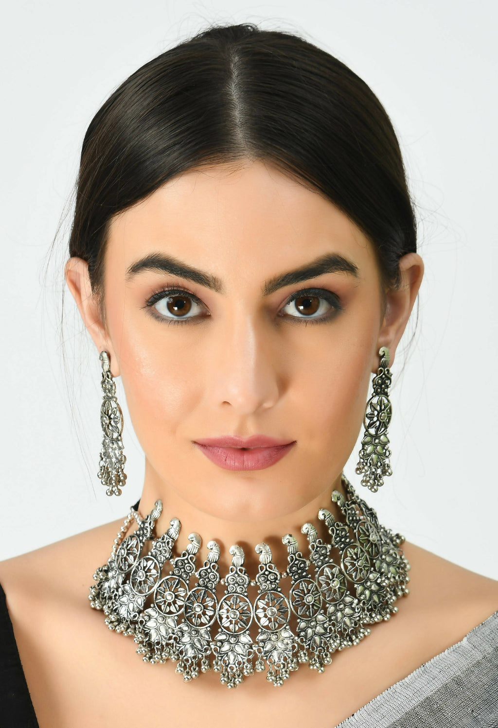 Mominos Fashion Johar Kamal Oxidised Silver-Plated Brass Finish Temple Jewellery with Earrings For Women | Grab2Buy