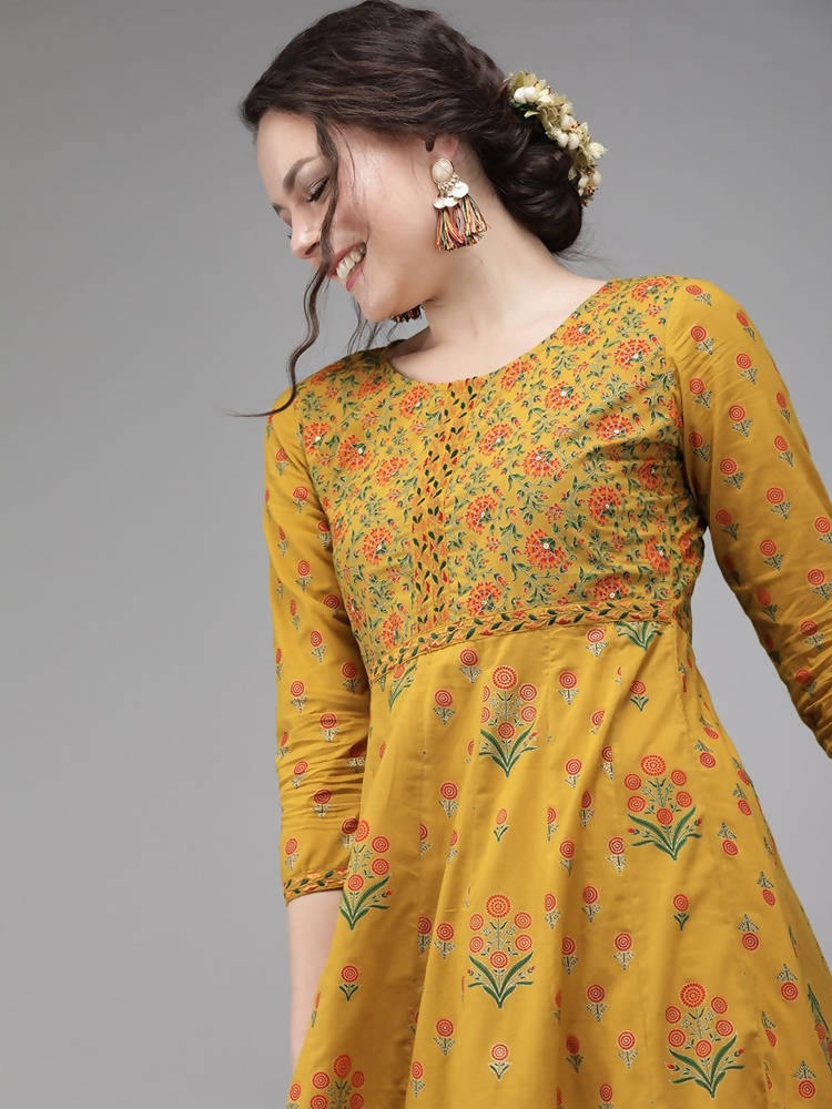 Yufta Women Mustard Yellow & Green Printed A-Line Panelled Kurta | Grab2Buy