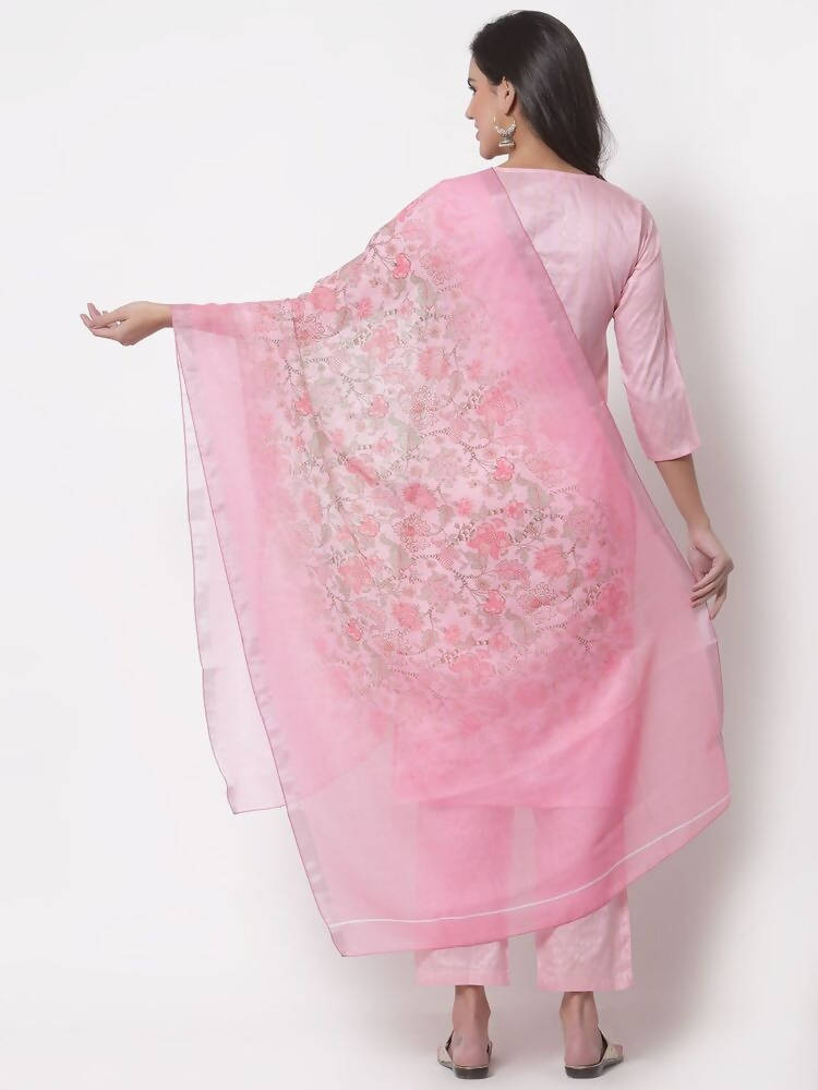 Myshka Women's Cotton 3/4 Sleeve Round Neck Casual Pink Kurta Pant Dupatta Set | Grab2Buy