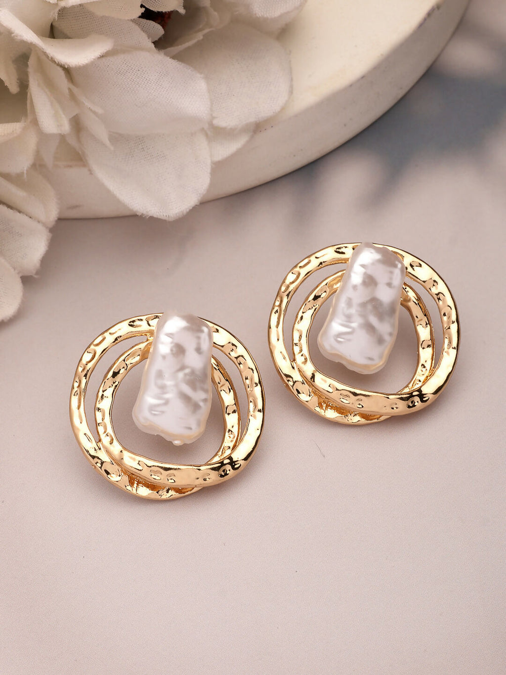NVR Women's White & Gold-Polished Circular Shape Studs Earring | Grab2Buy