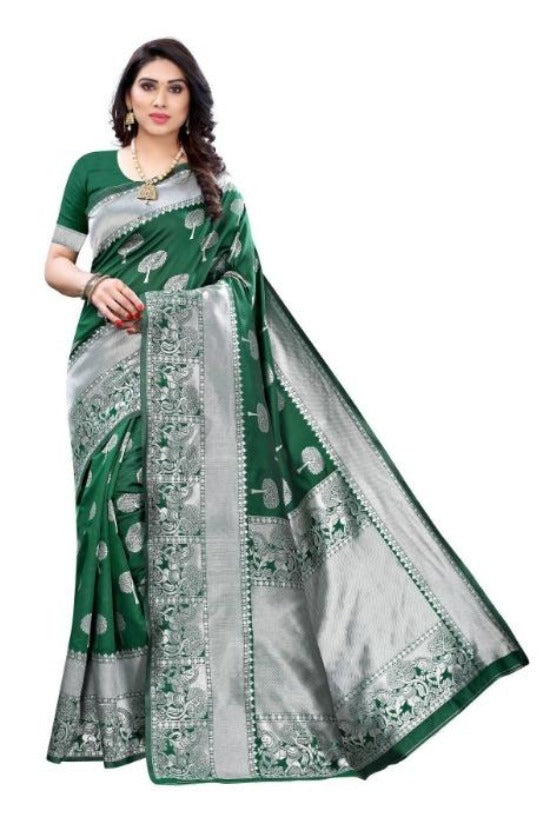 Vamika Banarasi Jacquard Weaving Green Saree (AMEE GREEN) | Grab2Buy