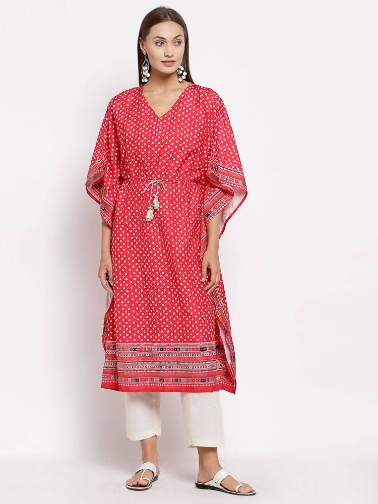 Myshka Women's Red Cotton Printed 3/4 Sleeve V Neck Casual Kaftan | Grab2Buy