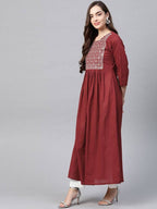 Yufta Women Rust Red & White Embroidered Mirror Work Yoke Design Cotton A-Line Dress | Grab2Buy
