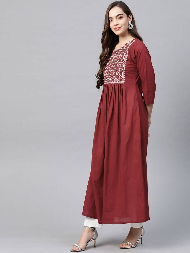 Yufta Women Rust Red & White Embroidered Mirror Work Yoke Design Cotton A-Line Dress | Grab2Buy