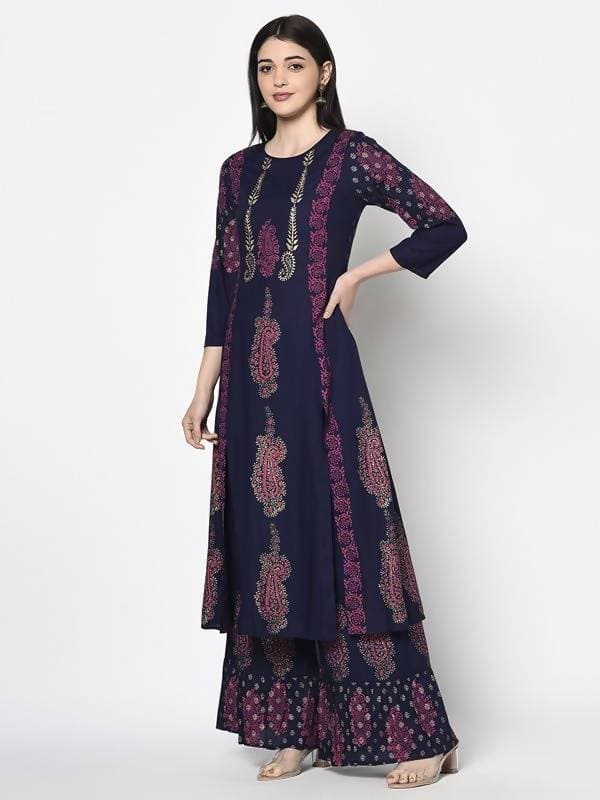 Aniyah Rayon Navy Blue Color Block Print A-line Flared Long Kurta Palazzo Set with Two Front Slits (AN-214K) | Grab2Buy