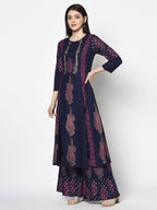 Aniyah Rayon Navy Blue Color Block Print A-line Flared Long Kurta Palazzo Set with Two Front Slits (AN-214K) | Grab2Buy