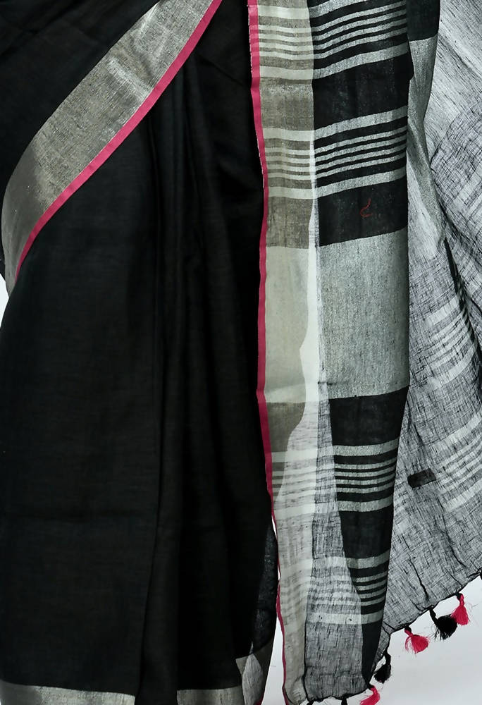 Mominos Fashion Moeza Pure Linen Black Saree | Grab2Buy
